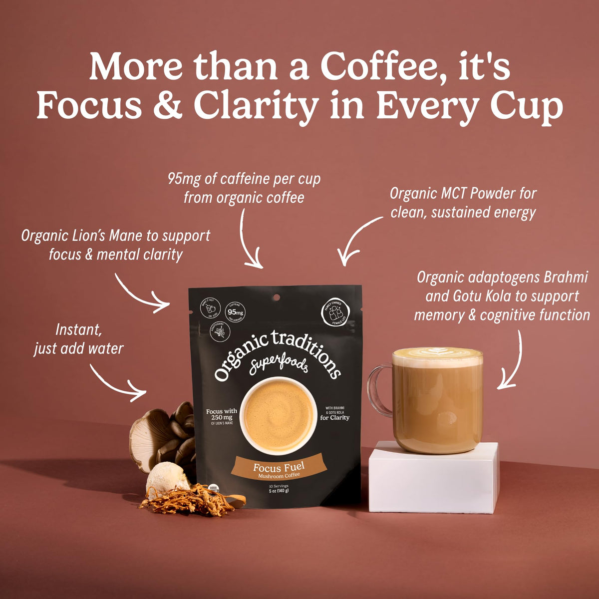 Organic Traditions Mind Fuel Instant Mushroom Coffee Alternative, Caffeine Free Lion’s Mane and Maca Herbal Drink with Dandelion, Chicory, Roasted Grain Blend, Natural Focus Support, 140g / 5oz - PrimeBioHealth - canada supplements