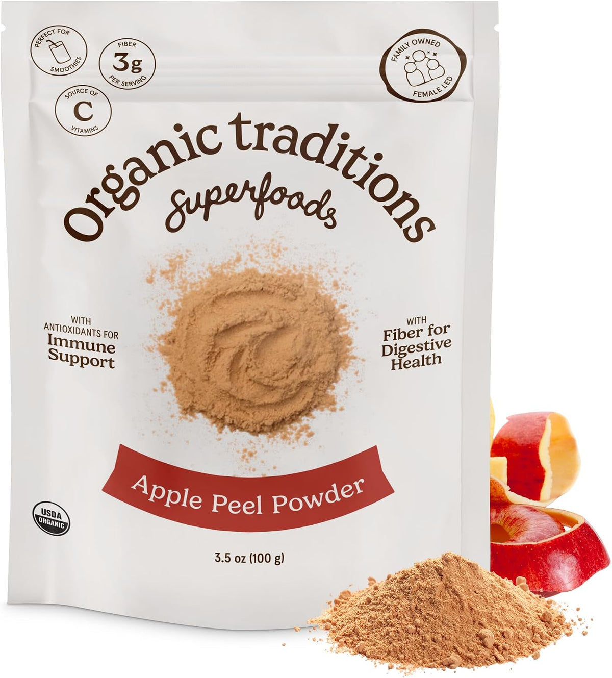 Organic Traditions Organic Apple Peel Powder, Apple Fiber Powder with Wholefood Vitamin C, Air Dried Apple Powder for Smoothies Baking Oatmeal and Recipes, Vegan Non GMO Powdered Fruit, 100g / 3.5oz - PrimeBioHealth - canada supplements