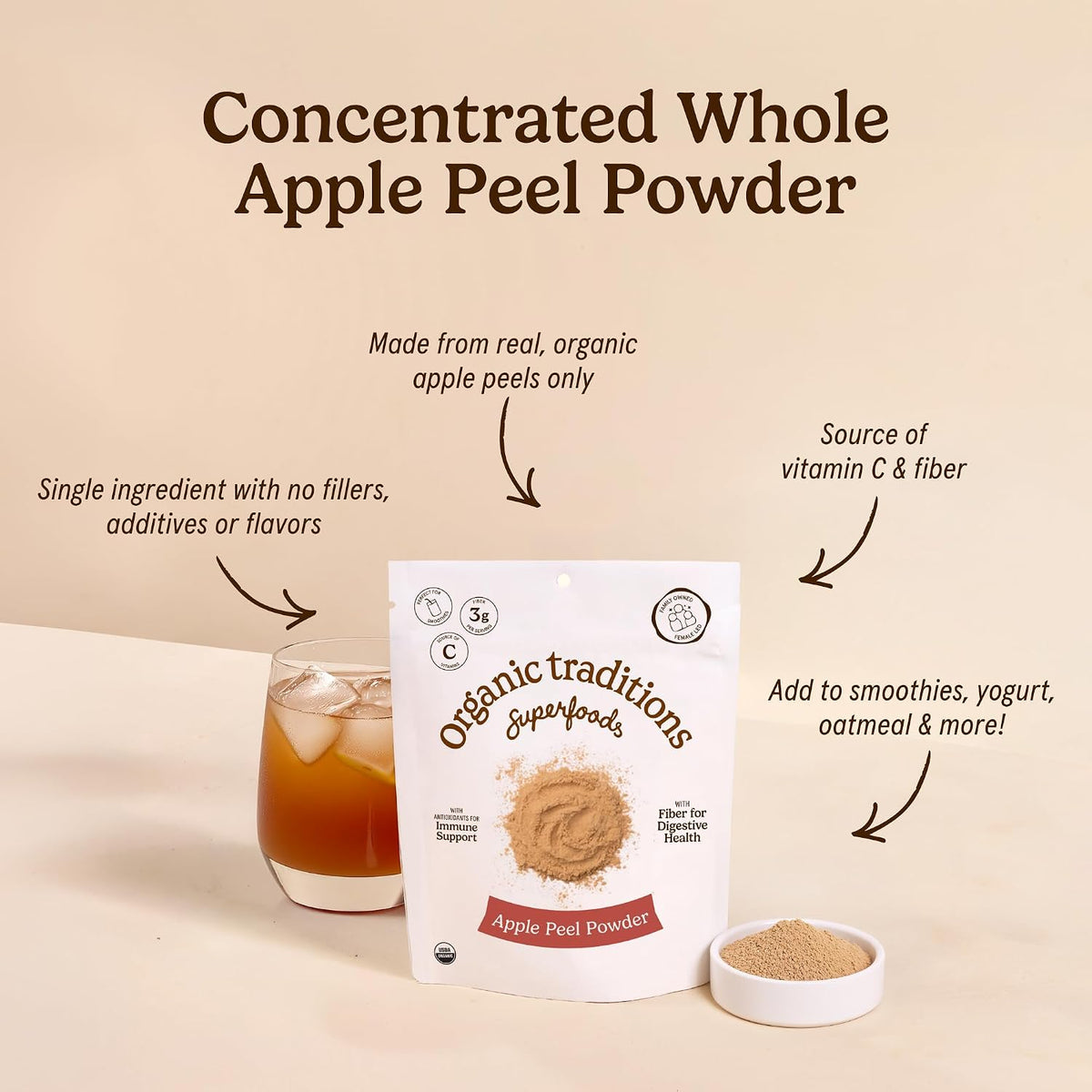 Organic Traditions Organic Apple Peel Powder, Apple Fiber Powder with Wholefood Vitamin C, Air Dried Apple Powder for Smoothies Baking Oatmeal and Recipes, Vegan Non GMO Powdered Fruit, 100g / 3.5oz - PrimeBioHealth - canada supplements