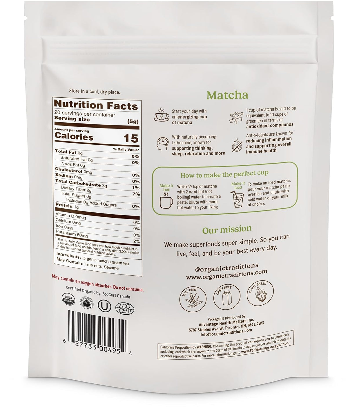 Organic Traditions Premium Matcha Powder, Authentic Japanese Tencha Leaves, Green Tea Rich in Antioxidants and Naturally Occurring L-Theanine for Calm Focus, Energy Drink Tea, 100g / 3.5oz Bag - PrimeBioHealth - canada supplements
