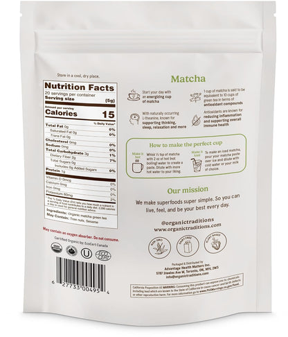 Organic Traditions Premium Matcha Powder, Authentic Japanese Tencha Leaves, Green Tea Rich in Antioxidants and Naturally Occurring L-Theanine for Calm Focus, Energy Drink Tea, 100g / 3.5oz Bag - PrimeBioHealth - canada supplements