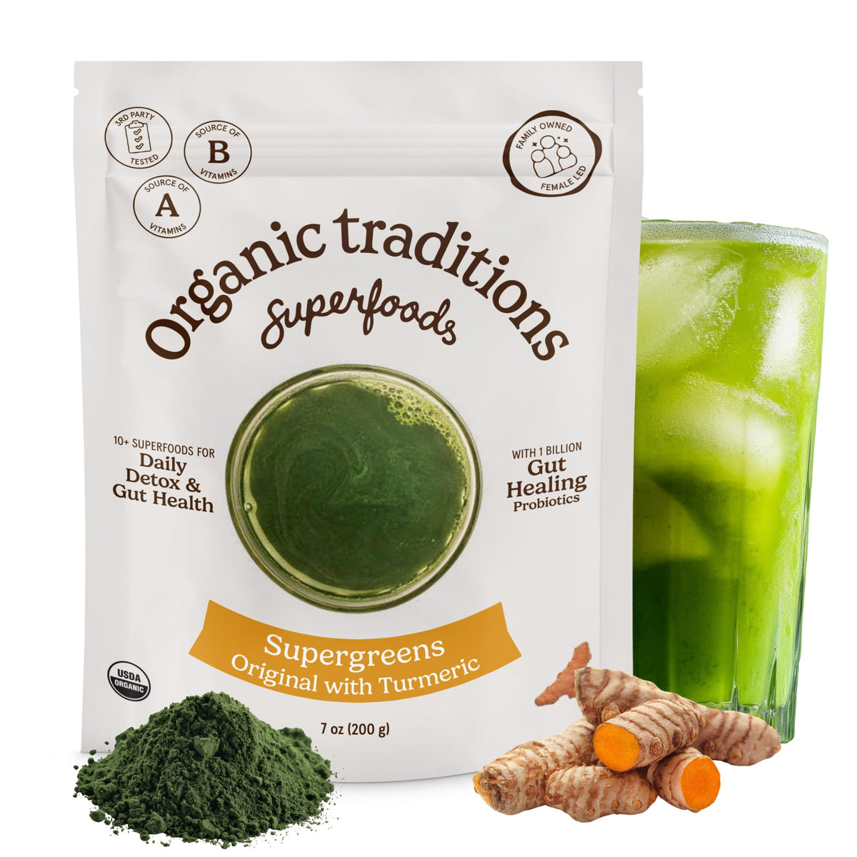 Organic Traditions Super Greens Powder with Turmeric, Organic Greens Superfood Blend with Vitamins Minerals and Probiotics, Plant Based Green Juice Mix for Smoothies and Drinks, 100g / 3.5oz Bag - PrimeBioHealth - canada supplements