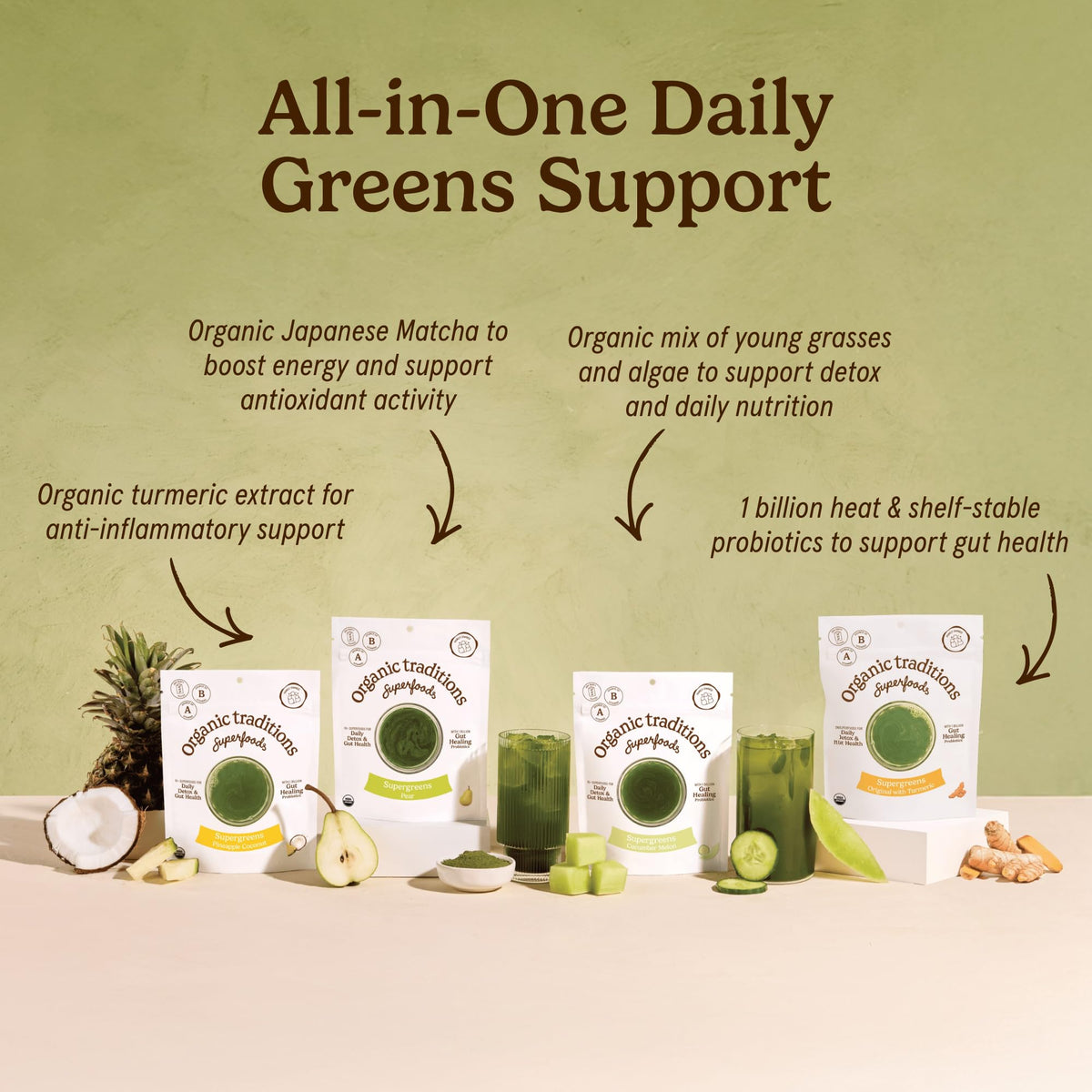 Organic Traditions Super Greens Powder with Turmeric, Organic Greens Superfood Blend with Vitamins Minerals and Probiotics, Plant Based Green Juice Mix for Smoothies and Drinks, 100g / 3.5oz Bag - PrimeBioHealth - canada supplements