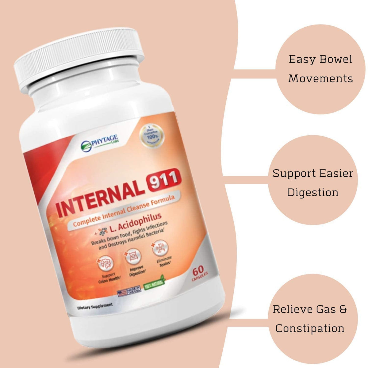 Phytage Labs Internal 911 Colon Cleanse Detox Supplement - Natural Laxative Cleanser Removes Toxins for Better Digestion and Radiant Skin - 60 Capsules - PrimeBioHealth - canada supplements