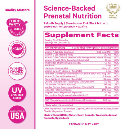 Pink Stork Total Prenatal Vitamins with DHA, Folate, Iron, Choline, and Vitamin B12 - Prenatals for Women to Support Fetal Development, Pregnancy Essentials - PrimeBioHealth - canada supplements