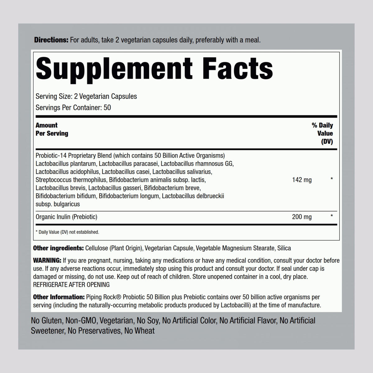 Piping Rock Probiotic and Prebiotic for Women and Men | 50 Billion CFU | 100 Capsules | Ultimate 14 Strain Supplement | Vegetarian, Non-GMO, Gluten Free - PrimeBioHealth - canada supplements