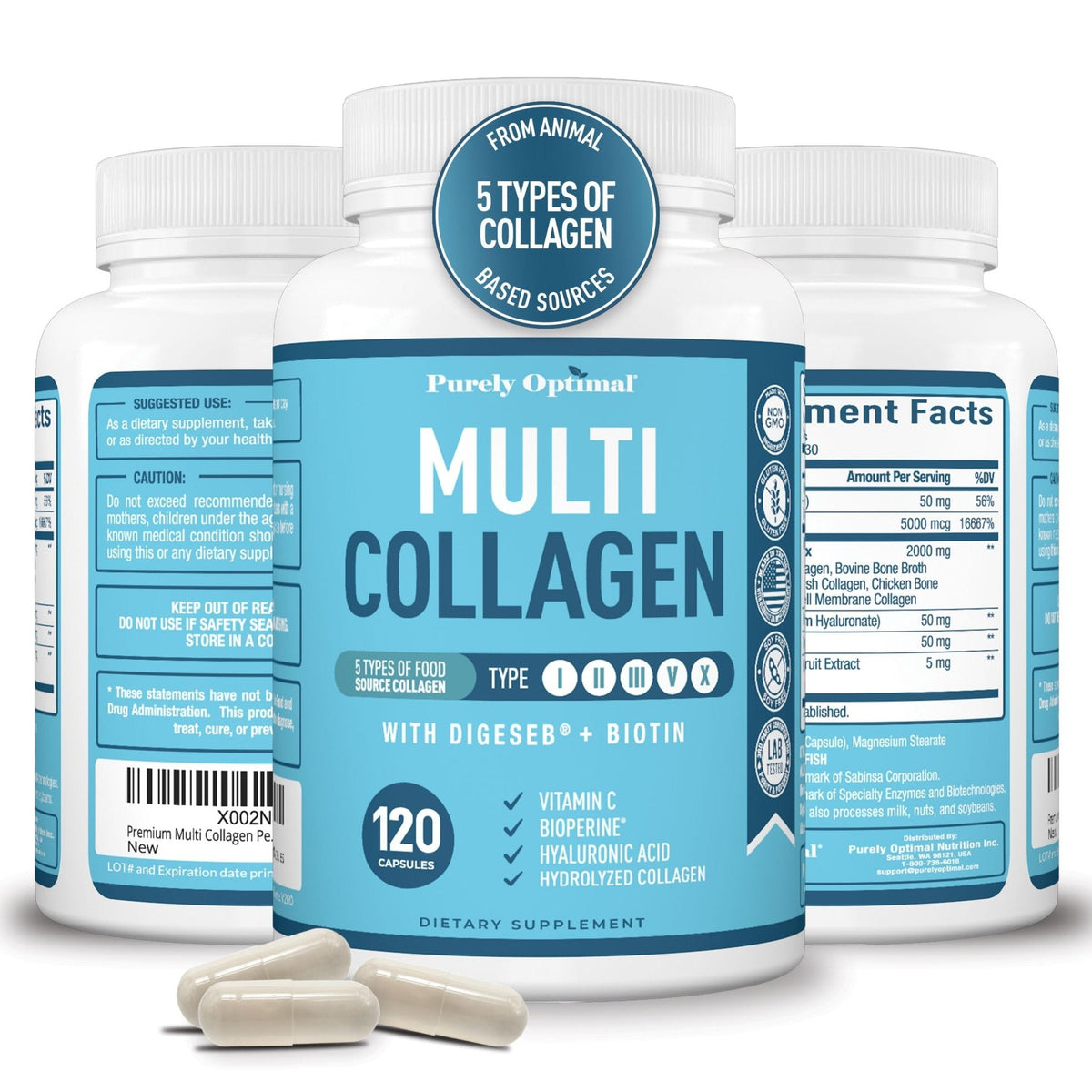 Premium Multi Collagen Peptides (Types I, II, II, V, X) - Collagen Pills for Skin Care, Hair Growth, Nails & Joints - Vitamin C, Hyaluronic Acid - PrimeBioHealth - canada supplements