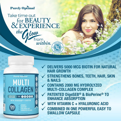 Premium Multi Collagen Peptides (Types I, II, II, V, X) - Collagen Pills for Skin Care, Hair Growth, Nails & Joints - Vitamin C, Hyaluronic Acid - PrimeBioHealth - canada supplements