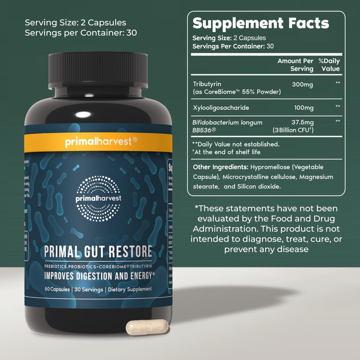 Primal Harvest 2 Pack, Restore for Gut Health, Primal Gut Restore w/POSTbiotics, PREbiotics and PRObiotics for Women and Men, 60 CT - Digestion, - PrimeBioHealth - canada supplements