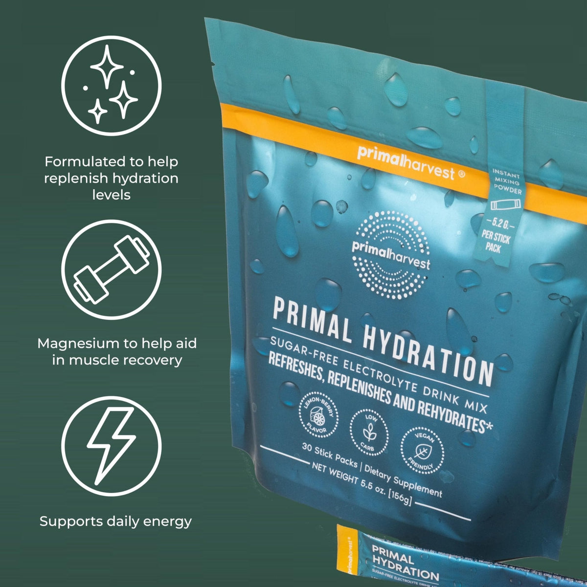 Primal Harvest Electrolytes Powder Packets Primal Hydration, Easy Open Packets, Energy Drink Mix (Lemon Berry, 30 Packs) (1 Bag) - PrimeBioHealth - canada supplements