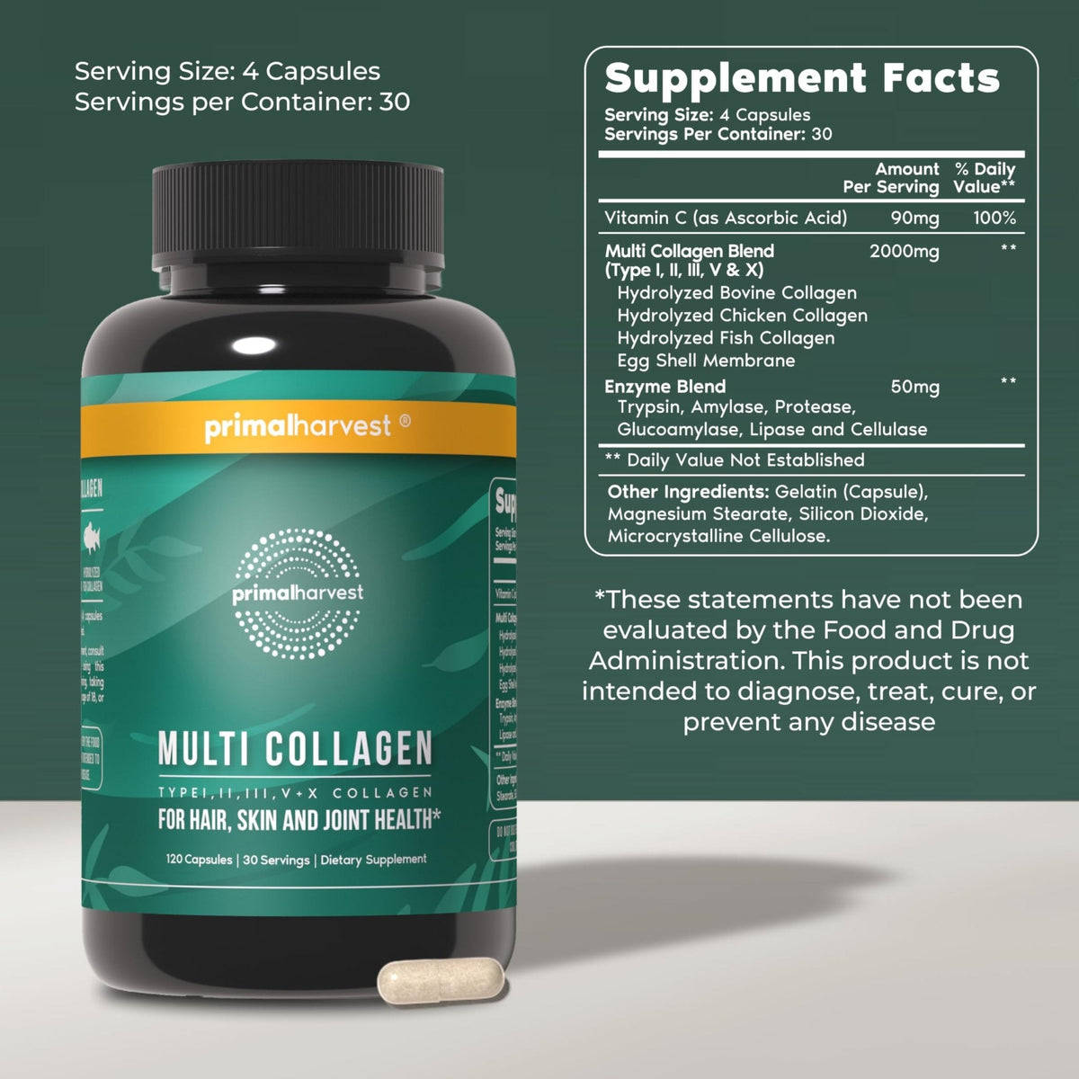 Primal Harvest Multi Collagen Pills for Women and Men (Type I, II, III, V, X) 120 Capsules w/Vitamin C for Hair, Skin, Nails - PrimeBioHealth - canada supplements