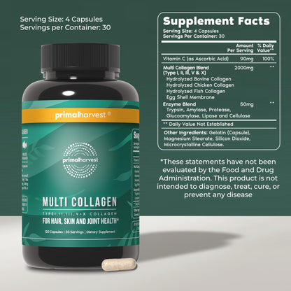 Primal Harvest Multi Collagen Pills for Women and Men (Type I, II, III, V, X) 120 Capsules w/Vitamin C for Hair, Skin, Nails - PrimeBioHealth - canada supplements