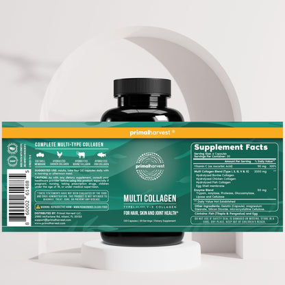 Primal Harvest Multi Collagen Pills for Women and Men (Type I, II, III, V, X) 120 Capsules w/Vitamin C for Hair, Skin, Nails - PrimeBioHealth - canada supplements
