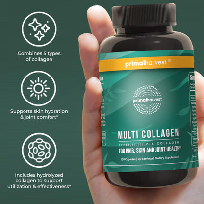 Primal Harvest Multi Collagen Pills for Women and Men (Type I, II, III, V, X) 120 Capsules w/Vitamin C for Hair, Skin, Nails - PrimeBioHealth - canada supplements