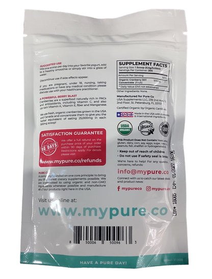 PURE CO USDA Organic Cranberry Concentrate Powder - Organic Cranberry Powder 500mg 50:1 Extract Per 1 Scoop Serving - Kidney Cleanse & Urinary Tract Support for Women - 100 Servings - PrimeBioHealth - canada supplements