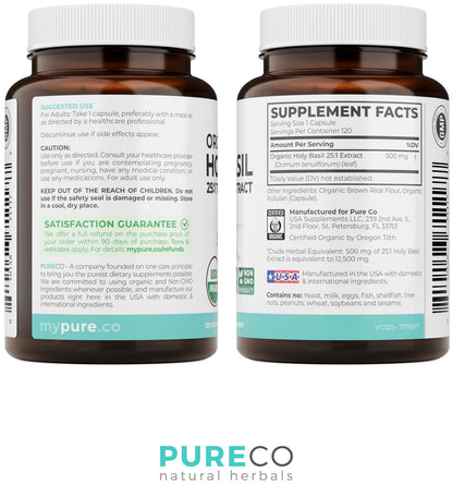 PURE CO USDA Organic Holy Basil Supplement – High Potency Organic Holy Basil 500mg 25:1 Extract 1 Capsule Per Serving – High Strength Tulsi Extract – 60 Vegan Capsules – Non-GMO & Made in USA - PrimeBioHealth - canada supplements