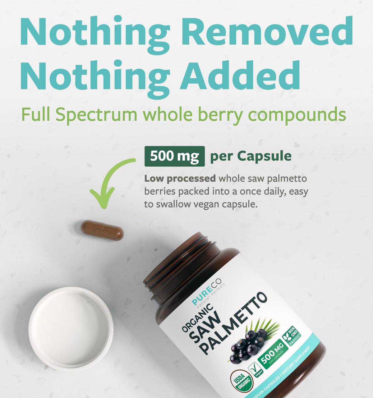 PURE CO USDA Organic Saw Palmetto Supplement - Organic Saw Palmetto for Women & Men's Urinary Tract Prostate & DHT Blocker for Women - Whole Berries - Vegan Non-GMO & Lab Verified (2 Month Supply) - PrimeBioHealth - canada supplements
