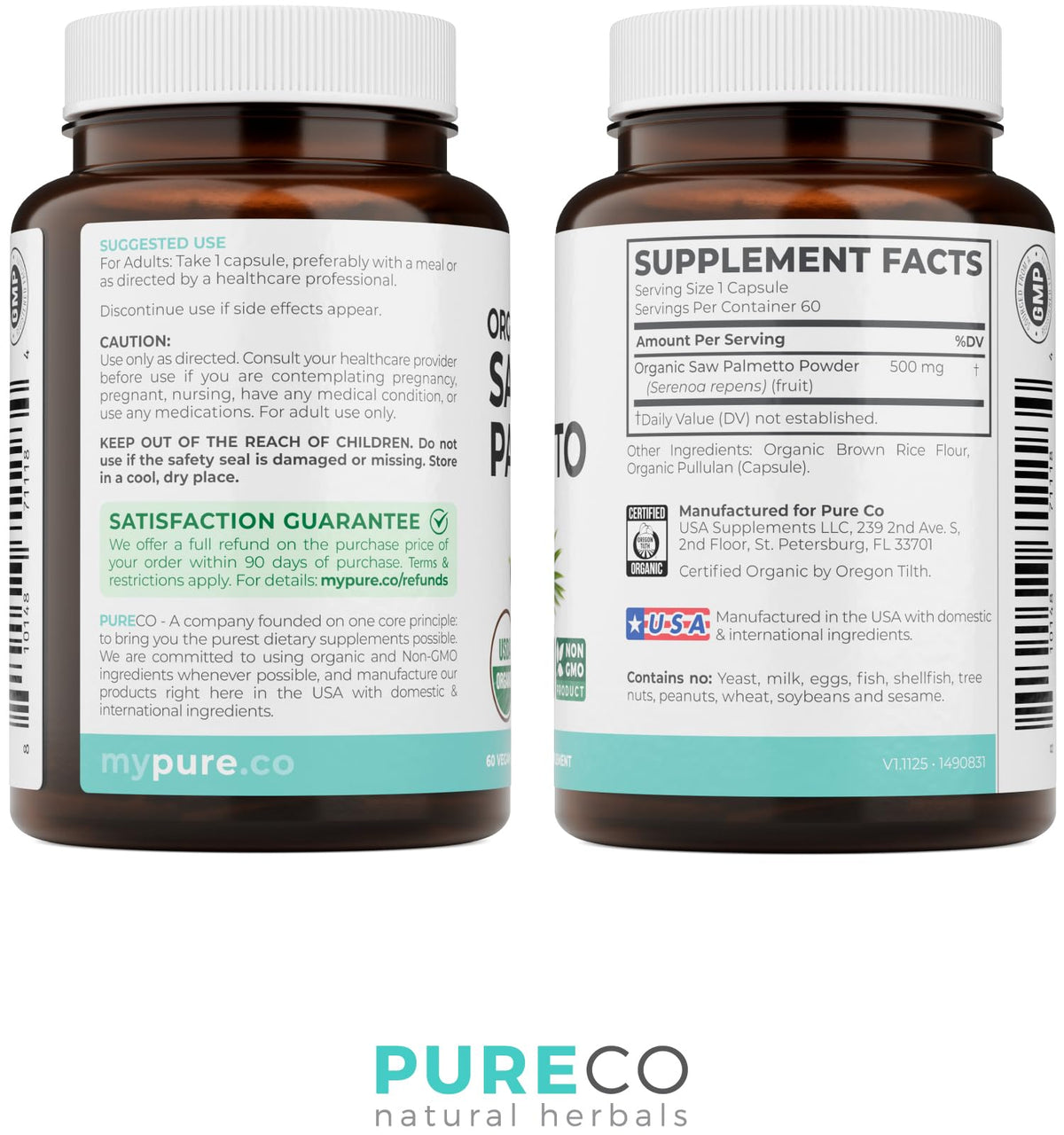 PURE CO USDA Organic Saw Palmetto Supplement - Organic Saw Palmetto for Women & Men's Urinary Tract Prostate & DHT Blocker for Women - Whole Berries - Vegan Non-GMO & Lab Verified (2 Month Supply) - PrimeBioHealth - canada supplements