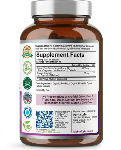 Purity Labs Trans-Resveratrol Supplement 5,000 mg Equivalent per Serving with Quercetin, USDA Organic High Potency Antioxidant, - PrimeBioHealth - canada supplements
