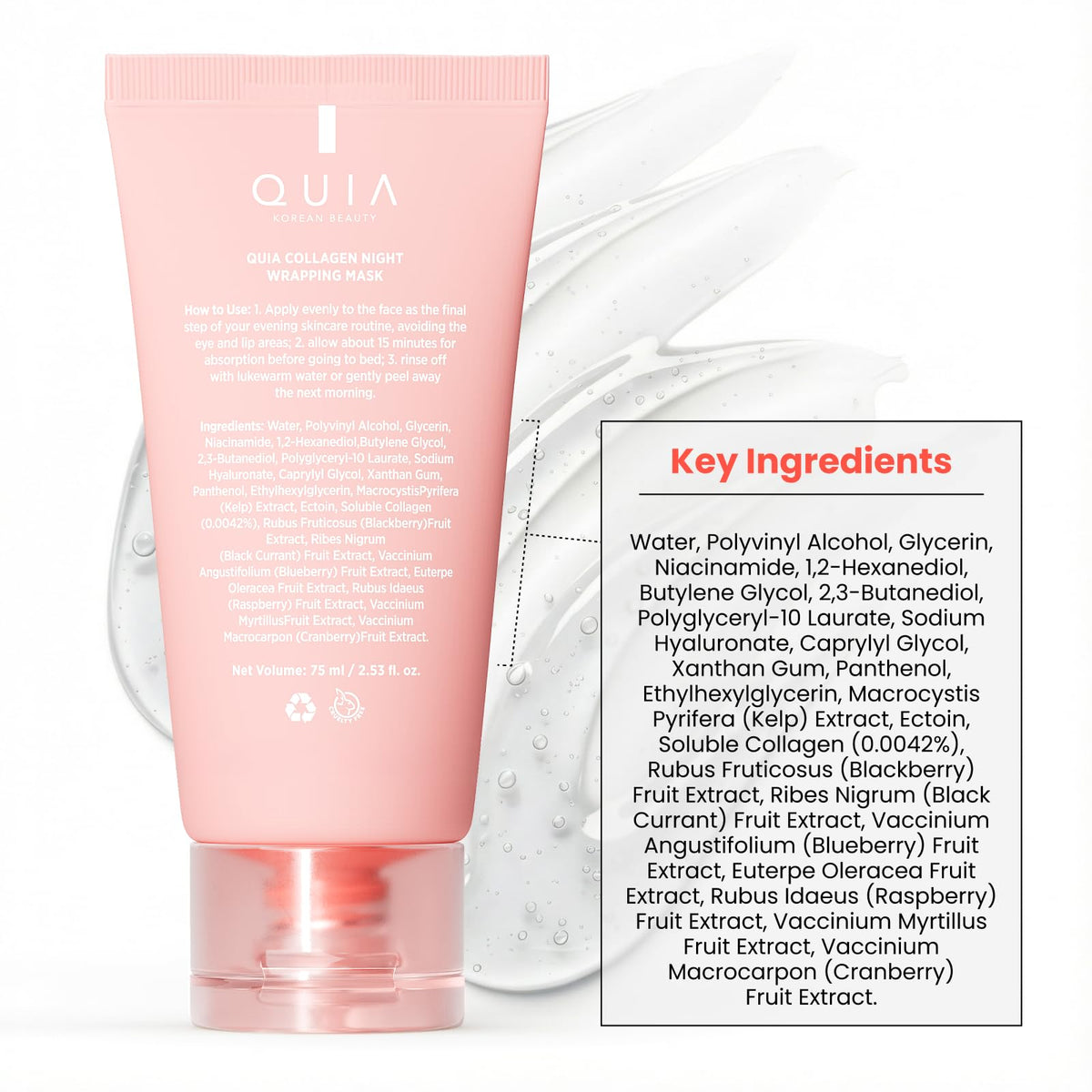 QUIA Collagen Wrapping Mask 75ml - Clinical +92% Firmer Appearance - Overnight Glass Skin Peel Off - Korean Skincare - PrimeBioHealth - canada supplements