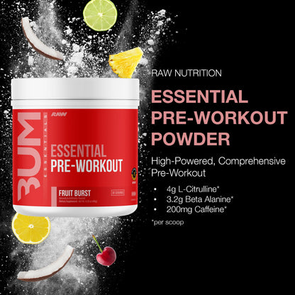 RAW Essential Pre-Workout Powder (Fruit Burst) - Chris Bumstead Sports Nutrition Supplement for Men & Women - Preworkout Energy Powder with Caffeine - PrimeBioHealth - canada supplements