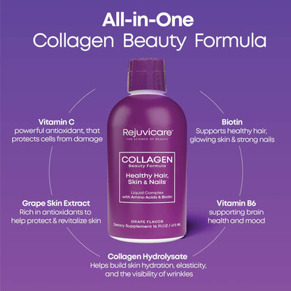 Rejuvicare Liquid Collagen Beauty Formula with Amino Acids, Protein and Biotin, Delicious Grape Flavor, Purple 16 oz ,32 servings - PrimeBioHealth - canada supplements