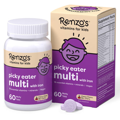 Renzo's Picky Eater Kids Multivitamin with Iron - Dissolvable Kids Vitamins with Iron, Zinc, Vitamin C, Vitamin D, E & K, Sugar-Free Melty Tabs, Cherry Flavor - PrimeBioHealth - canada supplements