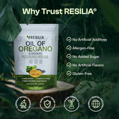 Resilia Softgels with Black Seed Oil 6000mg – Organic Oregano Oil Capsules for Immune & Digestive Support – Non-GMO, Gluten-Free Softgels - PrimeBioHealth - canada supplements