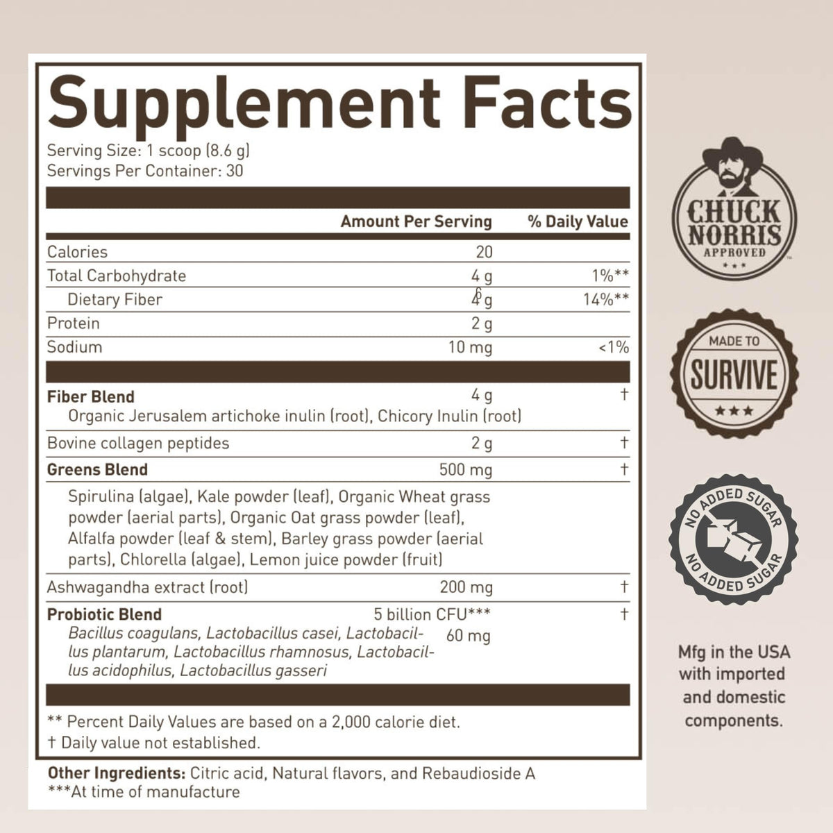 ROUNDHOUSE PROVISION Morning Kick, Zero Sugar Greens Superfood Powder Supplement with Ashwagandha, Collagen, Probiotics, Debloat Drink - PrimeBioHealth - canada supplements