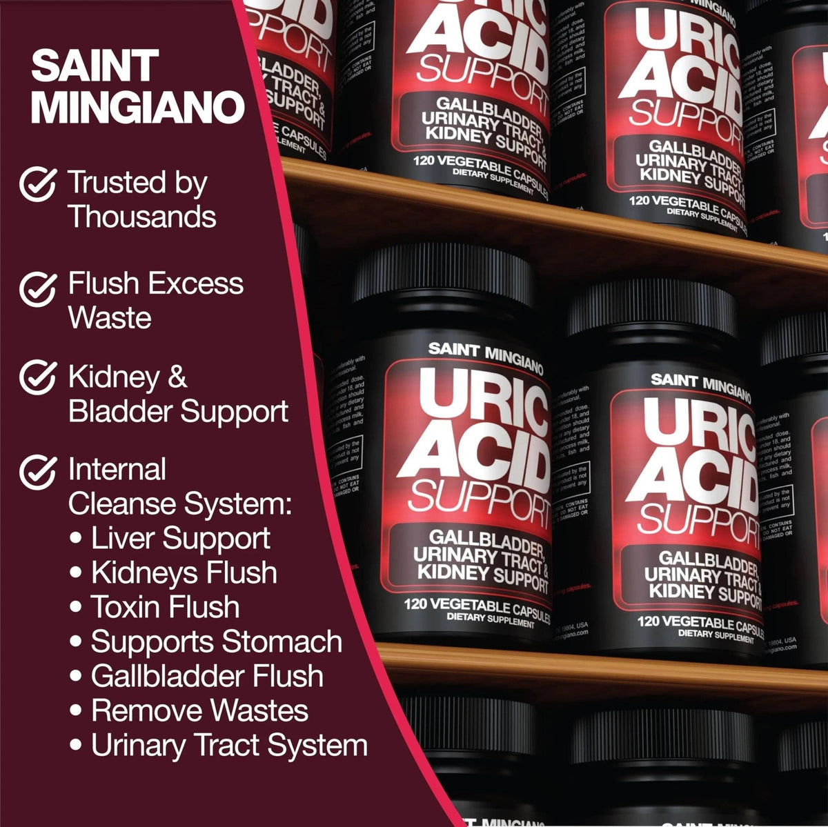 Saint Mingiano Uric Acid Flush for Gout Support -120 Capsules - Supports Kidney Cleanse Detox & Repair, Gallbladder & Urinary Tract Issues - Essential for Detox & Joint Support - Cranberry Extract - PrimeBioHealth - canada supplements