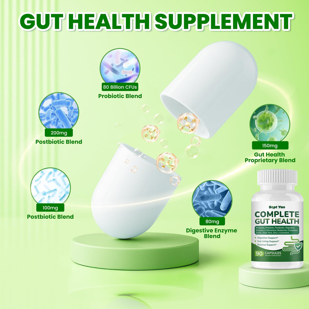 SEPT YAN Gut Health Supplement with Prebiotics, Postbiotics & Probiotics for Digestive Health for Women & Men, 80 Billion CFU Probiotics for Gut and Digestion - PrimeBioHealth - canada supplements