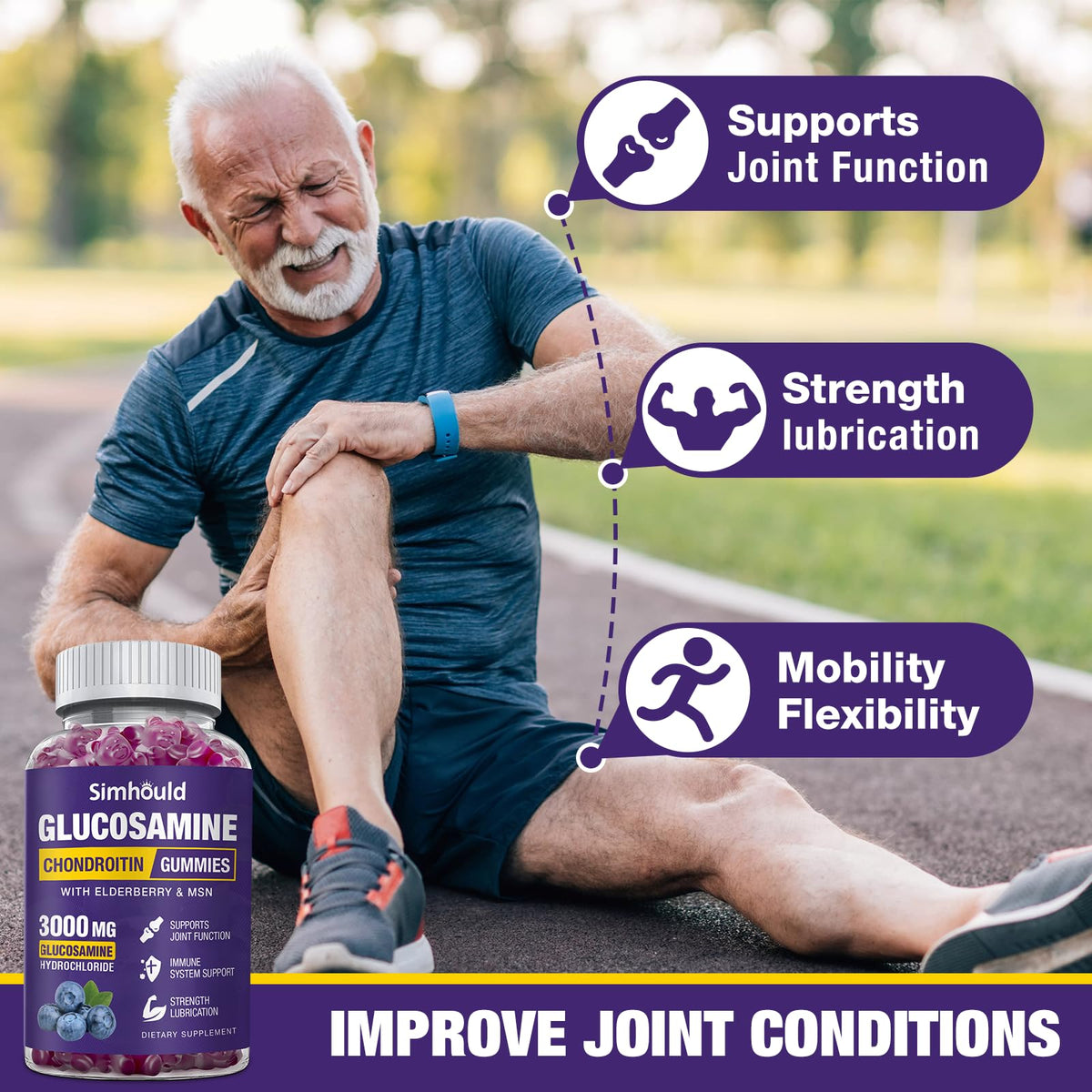 Simhould 2 Packs Glucosamine Chondroitin Gummies - 3000MG Extra Strength Joint Support Supplement with MSM & Elderberry, Flexibility, Antioxidant Immune Support - PrimeBioHealth - canada supplements