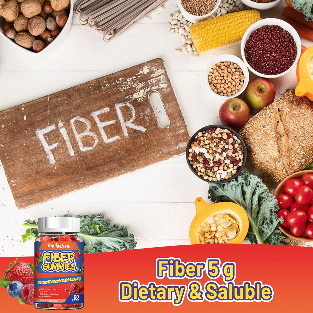 SmildeHeal Fiber Gummies, Dietary Fiber, for Women and Men, Gut Health Support, Non-GMOs, Non-Gluten, Vegan, Mixed Berry and Strawberry Flavor, 60 Count Gummies - PrimeBioHealth - canada supplements