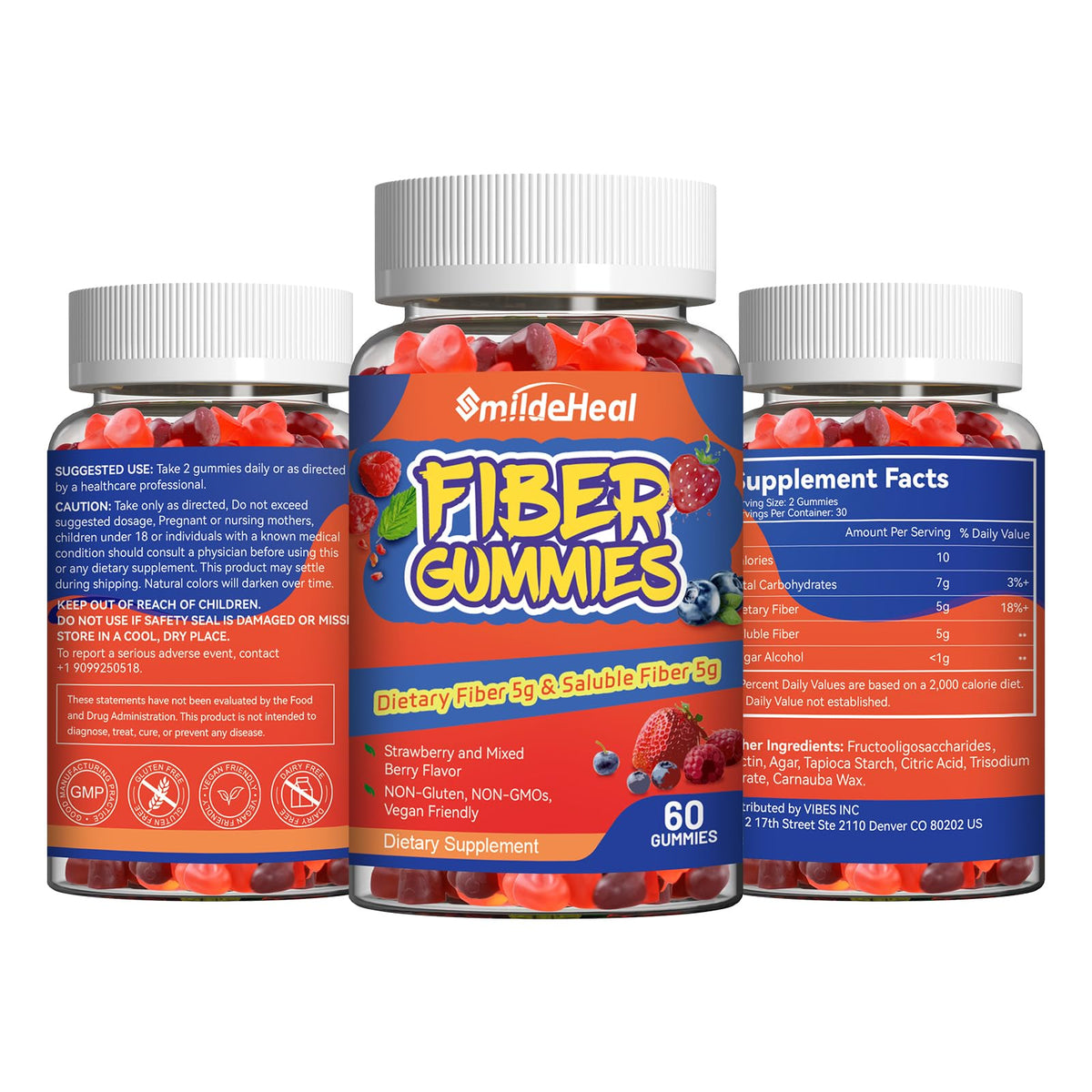 SmildeHeal Fiber Gummies, Dietary Fiber, for Women and Men, Gut Health Support, Non-GMOs, Non-Gluten, Vegan, Mixed Berry - PrimeBioHealth - canada supplements