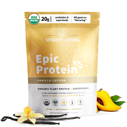 Sprout Living Epic Protein, Plant Based Protein & Superfoods Powder, Vanilla Lucuma Powder | 20 Grams Organic Protein Powder, Vegan, Non Dairy, Non-GMO, Gluten Free, Low Sugar (1 Pound, 12 Servings) - PrimeBioHealth - canada supplements