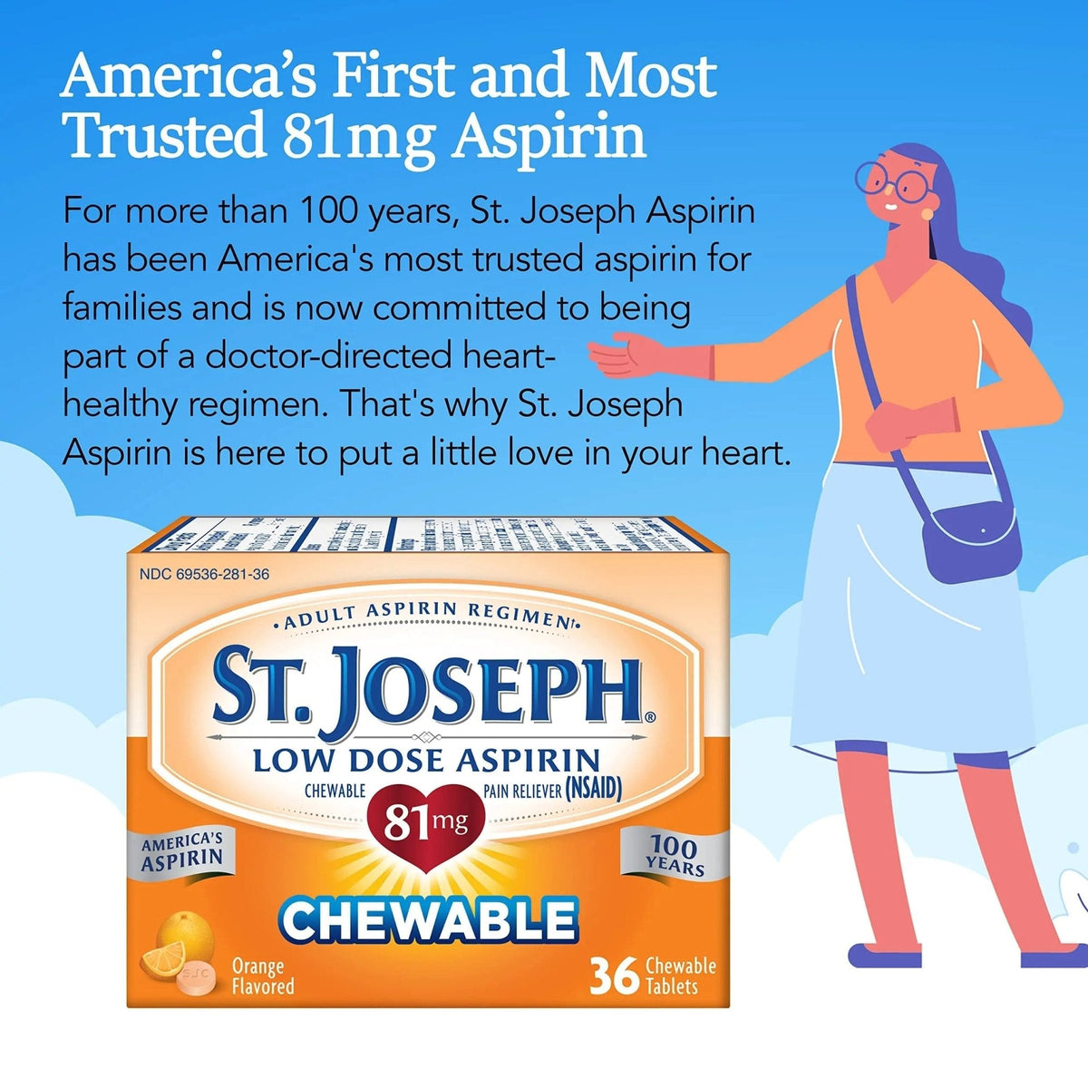 St. Joseph Aspirin Pain Reliever (NSAID) 81mg, Chewable Orange Tablets, Adult Low Dose Regimen, 36 ct - PrimeBioHealth - canada supplements