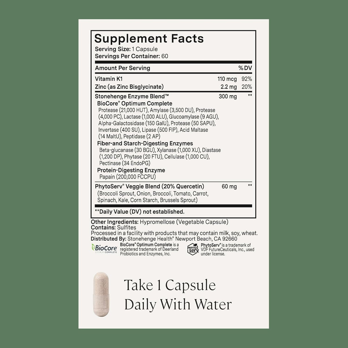 Stonehenge Health Dynamic Digestive Enzymes -18 Enzymes with BioCore Optimum Complete (Protease, Lipase, Amylase, Lactase) + Zinc & Vitamin K1 + Phytonutrients – Gas Support – 60 Caps (2 Pack) - PrimeBioHealth - canada supplements