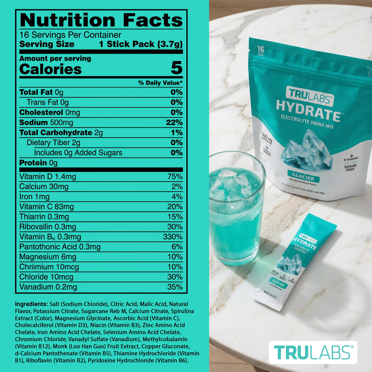 TRULABS Hydrate Electrolyte Drink Mix – Glacier Flavor, Sugar-Free Hydration Packets with 1422 mg Electrolytes & 19 Vitamins & Minerals, Monk Fruit Sweetened, On-the-Go Sticks (16 Count) - PrimeBioHealth - canada supplements