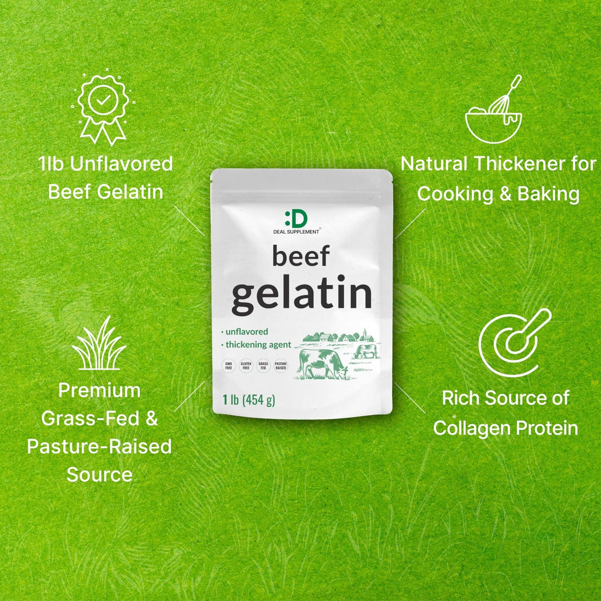 Unflavored Beef Gelatin Powder, 1lb – Grass Fed & Pasture Raised Bovine – Natural Thickener & Stabilizer for Cooking & Baking – High Collagen Protein Source – Non-GMO, Keto Friendly - PrimeBioHealth - canada supplements