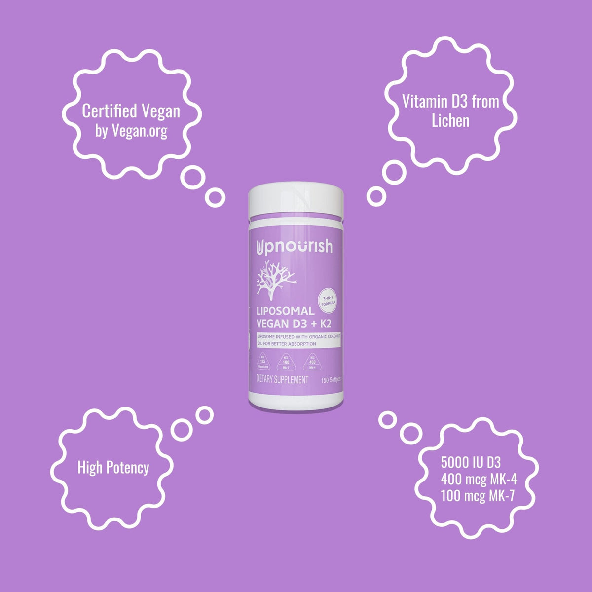 UpNourish Certified Vegan Vitamin D3 5000 IU K2 MK4 MK7 500 mcg Supplement, 150 Softgels, Plant Based Liposomal Vitamin D K with Organic - PrimeBioHealth - canada supplements