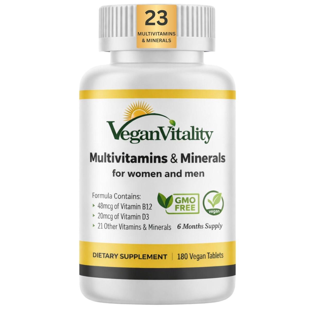 Vegan Vitality Multivitamins & Minerals for Women and Men with High Strength Vitamin B12, D3 & K2. 180 Vegan Multivitamin Tablets - 6 Months Supply - PrimeBioHealth - canada supplements