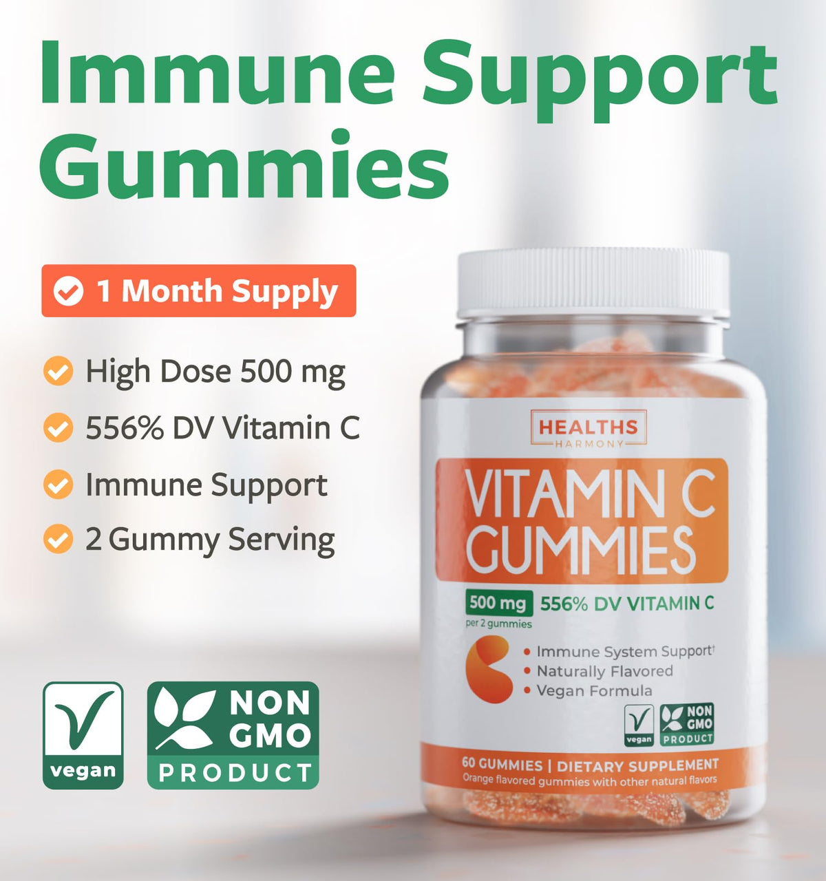 Vegan Vitamin C Gummies for Adults - Immune Support Gummies with Chewable Vitamin C 500mg per Serving for Daily and Seasonal Wellness - High Potency Non-GMO Formula - Orange Flavor (1 Month Supply) - PrimeBioHealth - canada supplements