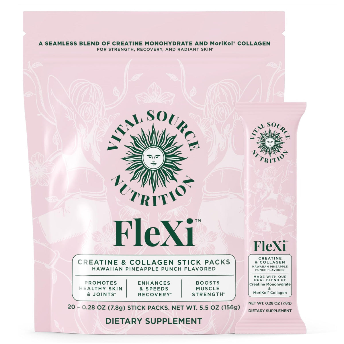 Vital Source Nutrition - Flexi - Creatine & Collagen Stick Packs - 5g Creatine Monohydrate + 1g MoriKol Collagen -Supports Strength, Recovery & Skin Health -20 Servings - PrimeBioHealth - canada supplements