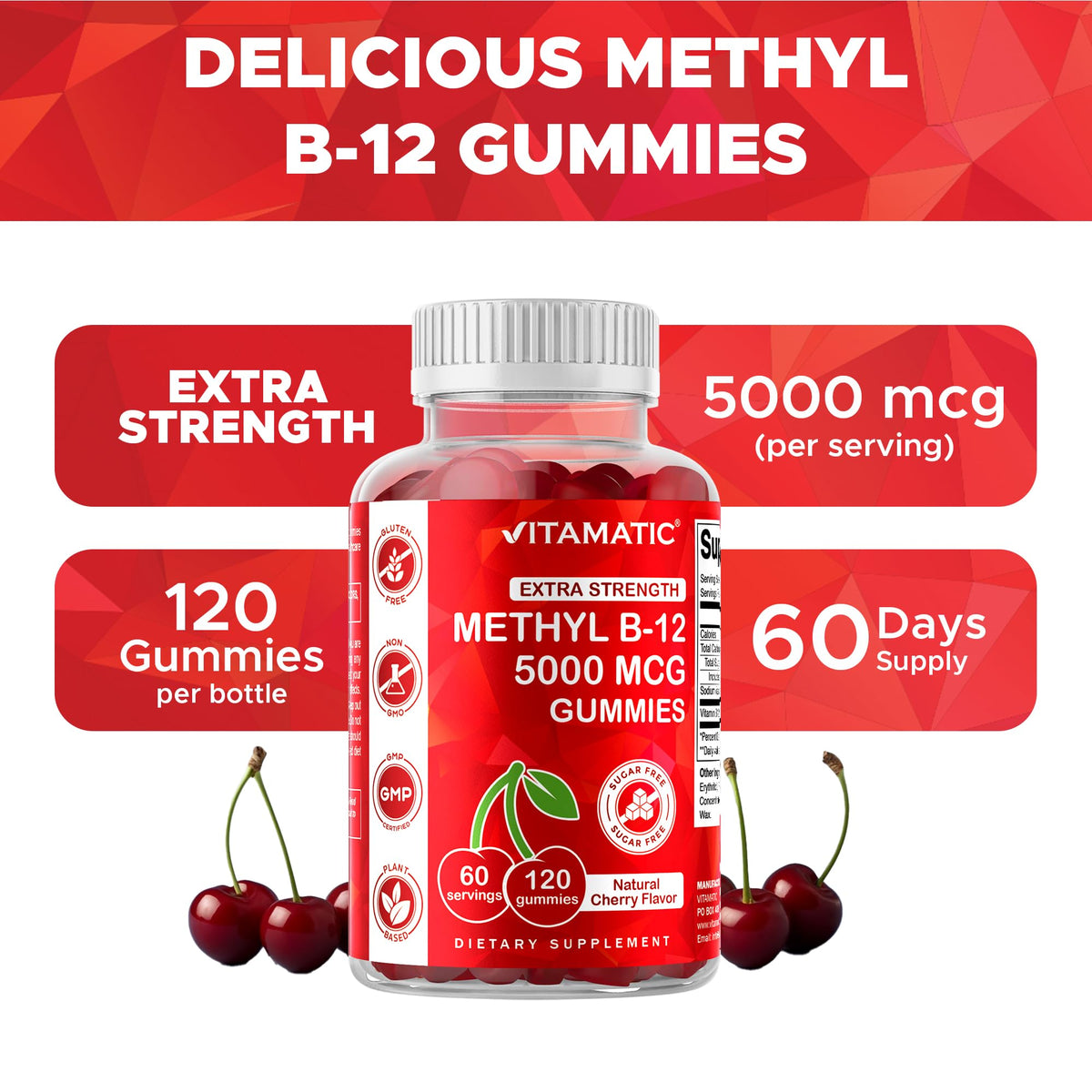 Vitamatic Extra Strength Vitamin B12 5000 mcg (Methyl B12) Gummies - 120 Count - Energy Metabolism Support and Nervous - PrimeBioHealth - canada supplements