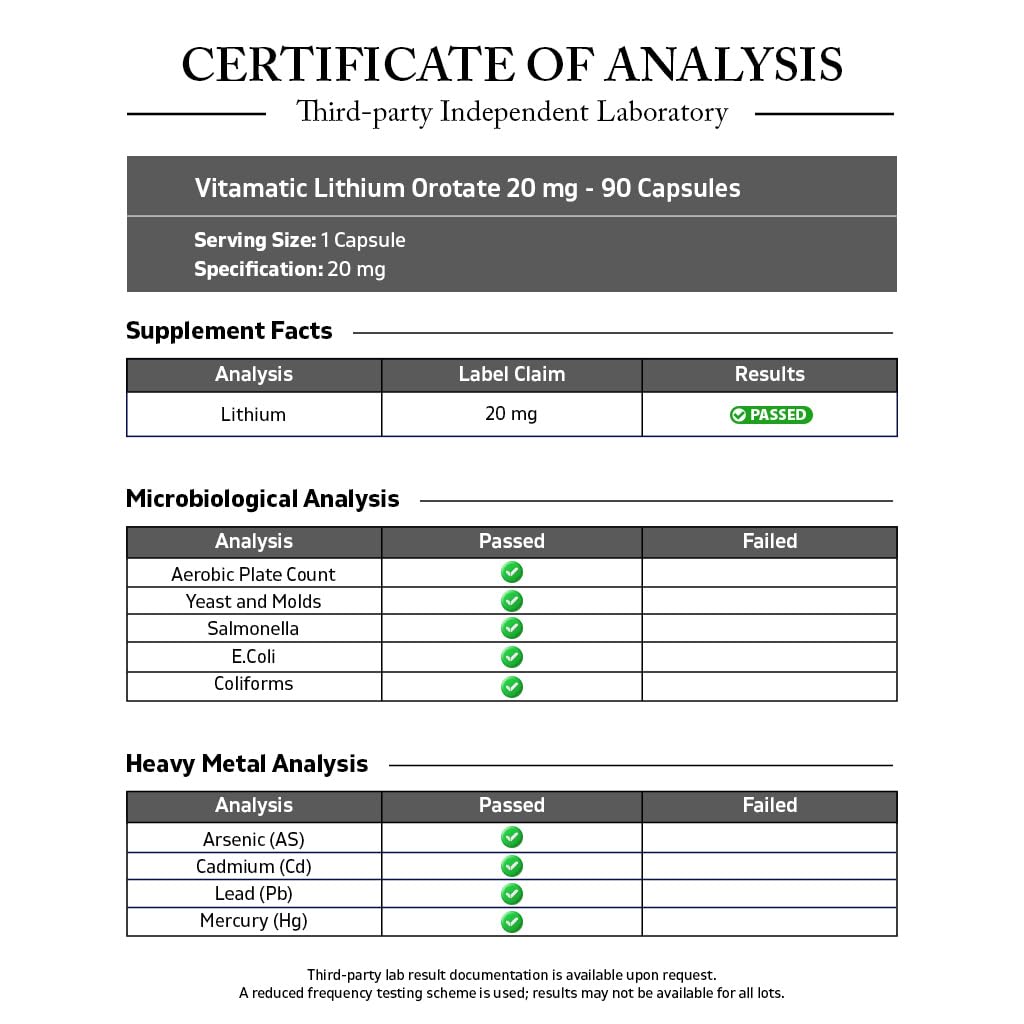 Vitamatic Lithium Orotate 20mg, 90 Capsules - Veggie Caps, Non-GMO, Gluten Free - PrimeBioHealth - canada supplements