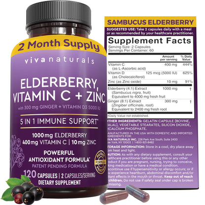 Viva Naturals Elderberry with Vitamin C and Zinc for Adults - 5 in 1 Sambucus Black Elderberry Capsules with Vitamin D3 5000 IU Immunity Supplement - PrimeBioHealth - canada supplements