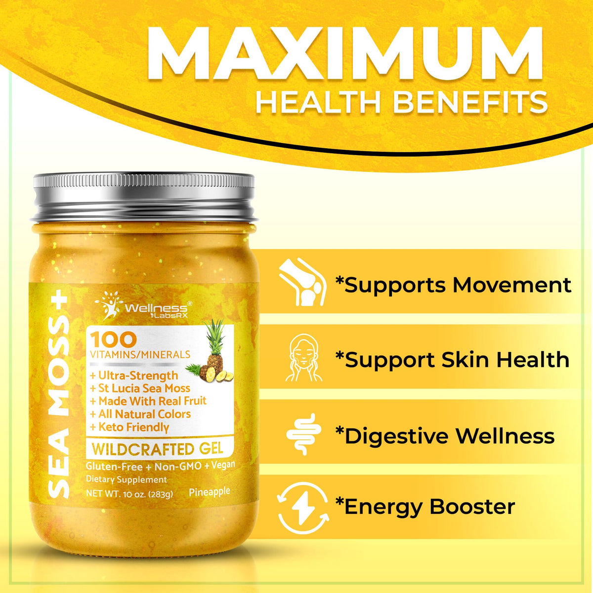 WELLNESS LABSRX Irish Sea Moss Gel Raw - Wildcrafted Superfood Seamoss Gel - Pineapple Mango Flavor, Vitamin and Mineral-Rich from Pristine Caribbean Waters - 10 oz. - PrimeBioHealth - canada supplements