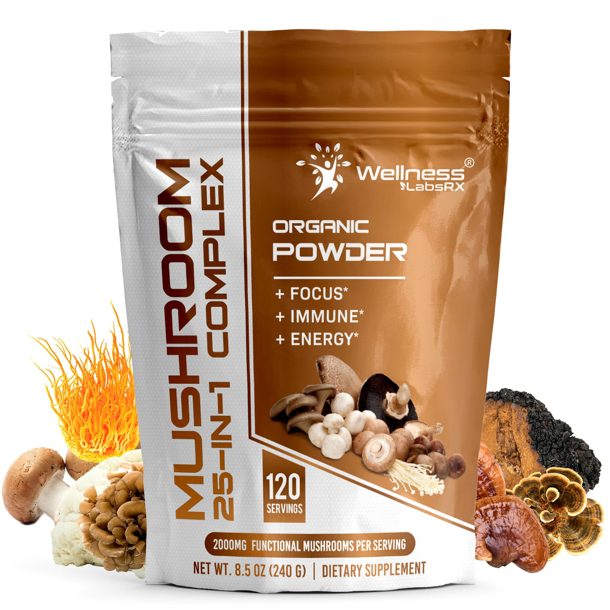 WELLNESS LABSRX Mushroom Powder, 25 in 1 Mushrooms Supplement - 2000mg, 25 Superfood Mishroom Lions Mane Powder with Chaga, Shiitake, Cordyceps, Reishi - Lion's Mane Mushroom - 120 Servings - PrimeBioHealth - canada supplements