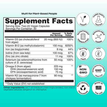 wholier Plant Based Multivitamin Vegan Omega-3 DHA EPA, Vitamin D, B12, Zinc, Vitamin K2, Iron, Iodine, Selenium - PrimeBioHealth - canada supplements
