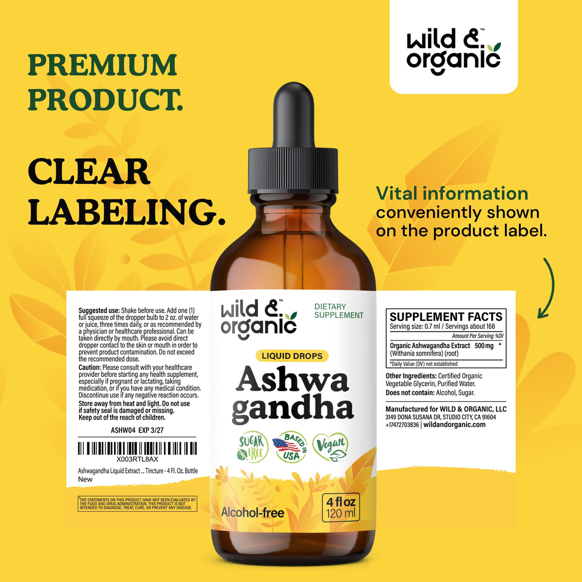 Wild & Organic Ashwagandha Drops - Mood Support & Positive Energy - 500 mg Ashwagandha for Women & Men - Add to Tea Liquid Extract for Relaxation - Non-GMO, Sugar & Alcohol-Free Tincture - 4 fl oz - PrimeBioHealth - canada supplements